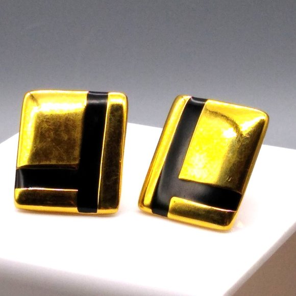 Vintage Napier Linear Rectangle Earrings, Gold Tone Clip Ons with Black Enamel - Picture 4 of 5